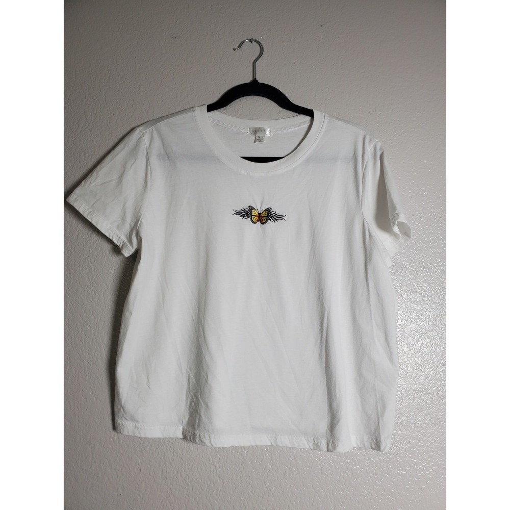 Grandeliiss White Butterfly Embroidered Baby Tee Y2K Aesthetic T-Shirt Size XL